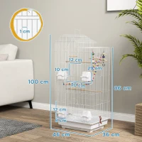 PawHut Gabbia per Uccelli, Voliera con Maniglia e Porte, Gabbietta con Altalena, Ciotole e Giochi, 46x36x100 cm, Bianco(m-3)