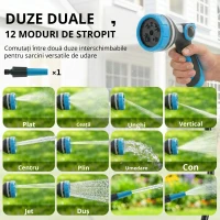 Outsunny Derulator Furtun Udare Montat pe Perete 14+1,5 m cu Blocare și Adaptoare, Rotativ 180°, 12 Moduri, 49x15x37cm, Albastru(m-4)