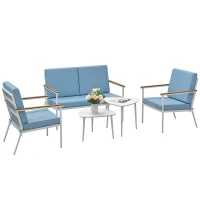 Outsunny Gartenlounge für 4 Personen, 5‑teiliges Balkon‑Set mit Sofa, 2 Sesseln und 2 Couchtischen, Hellblau(m-8)