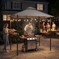 Outsunny Grillpavillon Gartenzelt Grill Pavillon Balkonpavillon mit Ablagen Flammhemmendes Doppeldach Grau 245 x 148 x 252 cm(m-9)