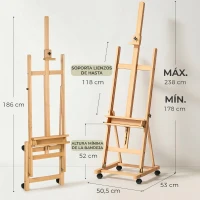 Vinsetto Caballete de Pintura Plegable de Madera 238 cm con Ruedas Altura Ajustable Bandeja Natural(m-3)
