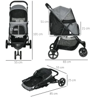PawHut Carrinho para cães Carrinho para animais, dobrável, capa de chuva, 2 trelas de segurança, 83cm x 55cm x 101cm, Cinza + Preto(m-3)