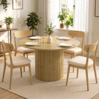 HOMCOM Masă de dining rotundă modernă pentru 4-6 persoane, masă de bucătărie de 110 cm cu bază cilindrică canelată, Stejar(m-6)