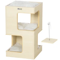 PawHut Toca em Barril para Gatos, Toca para Gatos, 2 Níveis, incl. Brinquedo, 34 cm x 34 cm x 60 cm, Natural + Cinza Claro(m-7)