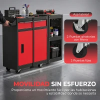 HOMCOM Carro de Herramientas con Ruedas 3 en 1 con 5 Cajones y Armario Inferior Paneles Perforados y Cerradura Negro y Rojo(m-6)