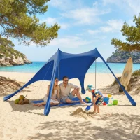 Outsunny Cort de Plajă pentru 2-4 Persoane, Covoraș, Lopată, Protecție Solară UPF50+, Albastru(m-10)