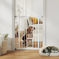 PawHut Barrera de Seguridad para Perros Barrera para Mascotas Extensible con Puerta Pequeño Cierre Automático y Sistema de Doble Bloqueo para Puerta Pasillo Escalera 74-80x91,4 cm Blanco(m-10)