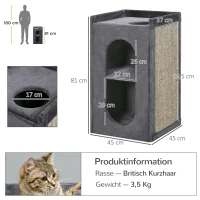 PawHut Tonel arranhador com 2 tocas para gatos, 1 superfície de repouso, tapete de arranhão em sisal, pelúcia, Cinza + Natural(m-3)