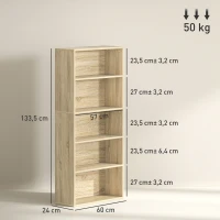 HOMCOM Aufbewahrungsregal 5-stufig mit verstellbaren Ablagen für Wohnzimmer, Schlafzimmer, Büro, 60x24x133,5cm, natur(m-3)