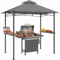 Outsunny Grillpavillon Gartenzelt Grill Pavillon Balkonpavillon mit Ablagen Flammhemmendes Doppeldach Grau 245 x 148 x 252 cm(m-11)