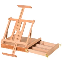 HOMCOM Cavalete de Mesa, Cavalete com Ajuste de Ângulo e Alça, Cavalete tipo Estojo para Pintura & Desenho, Cavalete de Estúdio Dobrável com Gaveta, Madeira de faia, Natural(m-7)