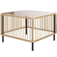 Outsunny Mesa de jardim em Polyrattan, 65 x 65 x 43 cm, resistente às intempéries Mesa lateral quadrada com tampo de vidro Madeira natural(m-6)