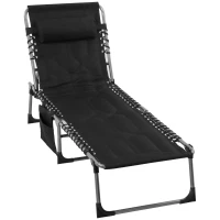 Outsunny espreguiçadeira, dobrável espreguiçadeira de jardim com almofada de cabeça, bolso lateral, espreguiçadeira com encosto regulável em 5 posições, espreguiçadeira de campismo resistente às intempéries até 130 kg, para jardim praia piscina, Preto(m-6)