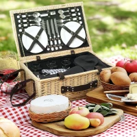 Outsunny Cesto de vime para piquenique Maleta de piquenique para 4 pessoas com compartimento térmico isolado Conjunto de talheres Madeira natural(m-2)
