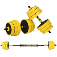 HOMCOM 25 kg Haltere & Barra, Conjunto ergonômico ajustável 3-em-1, 12 × discos, 2 × eixos curtos, 1 × eixo longo, Amarelo+Preto(m-1)