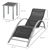 Outsunny Conjunto de espreguiçadeiras em metal com malha 3 peças. Espreguiçadeira com mesa lateral Conjunto de jardim com 2 espreguiçadeiras, 1 mesa lateral Conjunto de assentos para jardim, varanda 59B x 169T x 66H cm Preto+Prata(m-3)