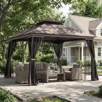 Outsunny Gazebo da Giardino 3x3m con Zanzariera e Tetto a 2 Livelli, Mensole Laterali e Ganci, Caffè(m-10)