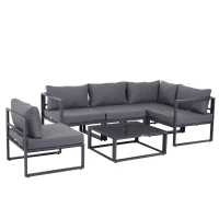 Outsunny Conjunto de Jardim 6 pçs Conjunto de Sofá Exterior Mobiliário de Jardim Alumínio + Poliéster + Vidro Temperado Cinza 4 x Poltronas 1 x Sofá de Canto 1 x Mesa de Apoio Almofadas para 4–5 Pessoas(m-1)