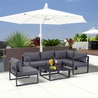 Outsunny Conjunto de Jardim 6 pçs Conjunto de Sofá Exterior Mobiliário de Jardim Alumínio + Poliéster + Vidro Temperado Cinza 4 x Poltronas 1 x Sofá de Canto 1 x Mesa de Apoio Almofadas para 4–5 Pessoas(m-2)