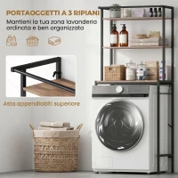 HOMCOM Mobile Sopra Lavatrice a 3 Ripiani con Barra Appendiabiti, in Legno e Acciaio, 67x40x161.8 cm, Marrone e Nero(m-5)