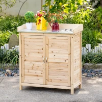 Outsunny Armário de jardim com 2 compartimentos, superfície de trabalho em metal com rebordo, Madeira natural, 83 x 40 x 92 cm(m-2)