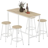 HOMCOM 5 Piece Bar Table Set for 4 with Stools, Metal Frame, Footrest for Kitchen Natural Wood(m-11)