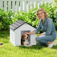 PawHut Casa para Perros 65x75,7x63 cm con Patrón de Ventana y Techo de Tejas de Imitación para Perros Medianos Gris y Blanco(m-2)