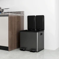 HOMCOM Contentor duplo 2 x 15 L, abertura por pedal, fácil de limpar, aço inoxidável, plástico, Preto(m-5)