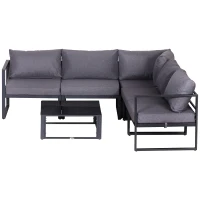 Outsunny Conjunto de Jardim 6 pçs Conjunto de Sofá Exterior Mobiliário de Jardim Alumínio + Poliéster + Vidro Temperado Cinza 4 x Poltronas 1 x Sofá de Canto 1 x Mesa de Apoio Almofadas para 4–5 Pessoas(m-4)