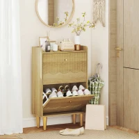 HOMCOM Narrow Shoe Cabinet, Modern Shoe Storage Cabinet with 2 Flip Drawers, Oak(m-10)
