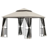 Outsunny Pavilhão de jardim com teto duplo Pavilhão Tenda de jardim Tenda de festa com 4 x parede lateral Metal+Poliéster Bege 2,99 x 2,99 x 2,74 m(m-4)
