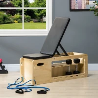 HOMCOM Banco de halteres com suporte para halteres, 1 cesta de armazenamento, ajustável em 6 posições, madeira maciça, Natural + Preto(m-4)