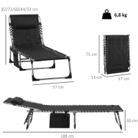 Outsunny espreguiçadeira, dobrável espreguiçadeira de jardim com almofada de cabeça, bolso lateral, espreguiçadeira com encosto regulável em 5 posições, espreguiçadeira de campismo resistente às intempéries até 130 kg, para jardim praia piscina, Preto(m-3)