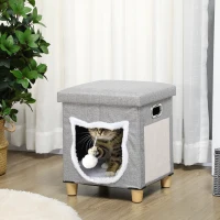 PawHut Casetta per Gatti con Tiragraffi, Cuscino e Pallina, in Legno e Poliestere, 35.5x35.5x42.5 cm, Crema e Grigio(m-9)