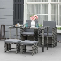 Outsunny Conjunto de Polyrattan para 4 Pessoas Conjunto de Jantar para Jardim com Almofadas, Cinza(m-2)