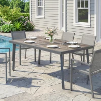 Outsunny Tavolo da Giardino Rettangolare per 6 Persone con Piano Effetto Legno, in Acciaio e PSPC, 145x85x72 cm, Grigio(m-8)
