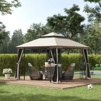 Outsunny Pavilhão de jardim com teto duplo Pavilhão Tenda de jardim Tenda de festa com 4 x parede lateral Metal+Poliéster Bege 2,99 x 2,99 x 2,74 m(m-6)