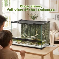 PawHut Reptile Glass Terrarium with Stone Background, Front Ventilation, Escape-Proof Knob Lock, 50 x 30 x 35 cm, Black(m-7)