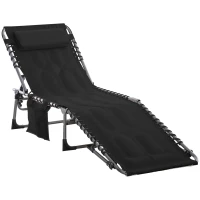 Outsunny espreguiçadeira, dobrável espreguiçadeira de jardim com almofada de cabeça, bolso lateral, espreguiçadeira com encosto regulável em 5 posições, espreguiçadeira de campismo resistente às intempéries até 130 kg, para jardim praia piscina, Preto(m-1)