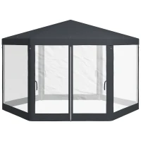Outsunny Pavilhão de jardim, hexagonal, cortinas de rede, estrutura metálica, 3,94x3,412x2,5m, Cinza escuro(m-6)