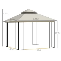 Outsunny Pavilhão de jardim com teto duplo Pavilhão Tenda de jardim Tenda de festa com 4 x parede lateral Metal+Poliéster Bege 2,99 x 2,99 x 2,74 m(m-3)