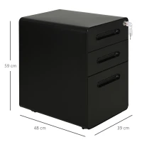Vinsetto Gaveteiro Móvel com 3 Gavetas, Arquivo com Rodízios e Fechadura, Armário de Escritório com Pastas Suspensas e Compartimento para Canetas, Gaveteiro para Mesa 39x48x59cm Preto(m-3)