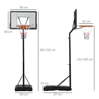 HOMCOM Suporte de basquetebol com rodas, móvel, ajustável 210-260 cm, cesto com suporte para exterior e interior, aço e plástico, preto(m-3)
