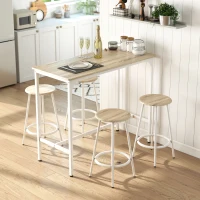 HOMCOM 5 Piece Bar Table Set for 4 with Stools, Metal Frame, Footrest for Kitchen Natural Wood(m-2)