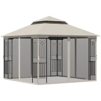 Outsunny Pavilhão de jardim com teto duplo Pavilhão Tenda de jardim Tenda de festa com 4 x parede lateral Metal+Poliéster Bege 2,99 x 2,99 x 2,74 m(m-7)
