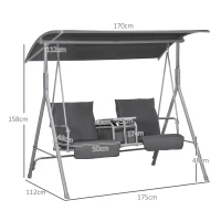 Outsunny Baloiço Hollywood, 2 lugares, com dossel e mesa, estrutura metálica, até 180 kg, 175x110x165 cm, Preto(m-3)