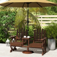 Outsunny Banco de Jardim 2 Lugares em Madeira Resistente às Intempéries com Orifício para Guarda-sol Pernas em Forma de Roda de Carroça 154x65x102 cm Carbonizado(m-4)