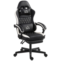 HOMCOM Cadeira gaming com apoio para os pés, cadeira de computador com apoio de cabeça & almofada, revestimento em couro sintético, giratória, altura ajustável, Metal, Plástico, Preto+Branco