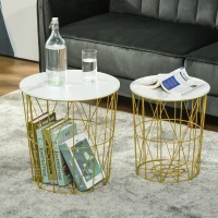 HOMCOM Lot de 2 Tables Basses gigognes - Tables d'appoint Rondes encastrables Style néo-rétro Bicolore Structure métal doré Plateau MDF Aspect marbre Blanc(m-10)