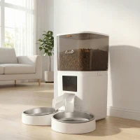 PawHut Distributeur Croquettes Chat Automatique 2 Animaux 6L Double Bol Inox WiFi Tuya App ABS 37x36x35cm Blanc(m-2)